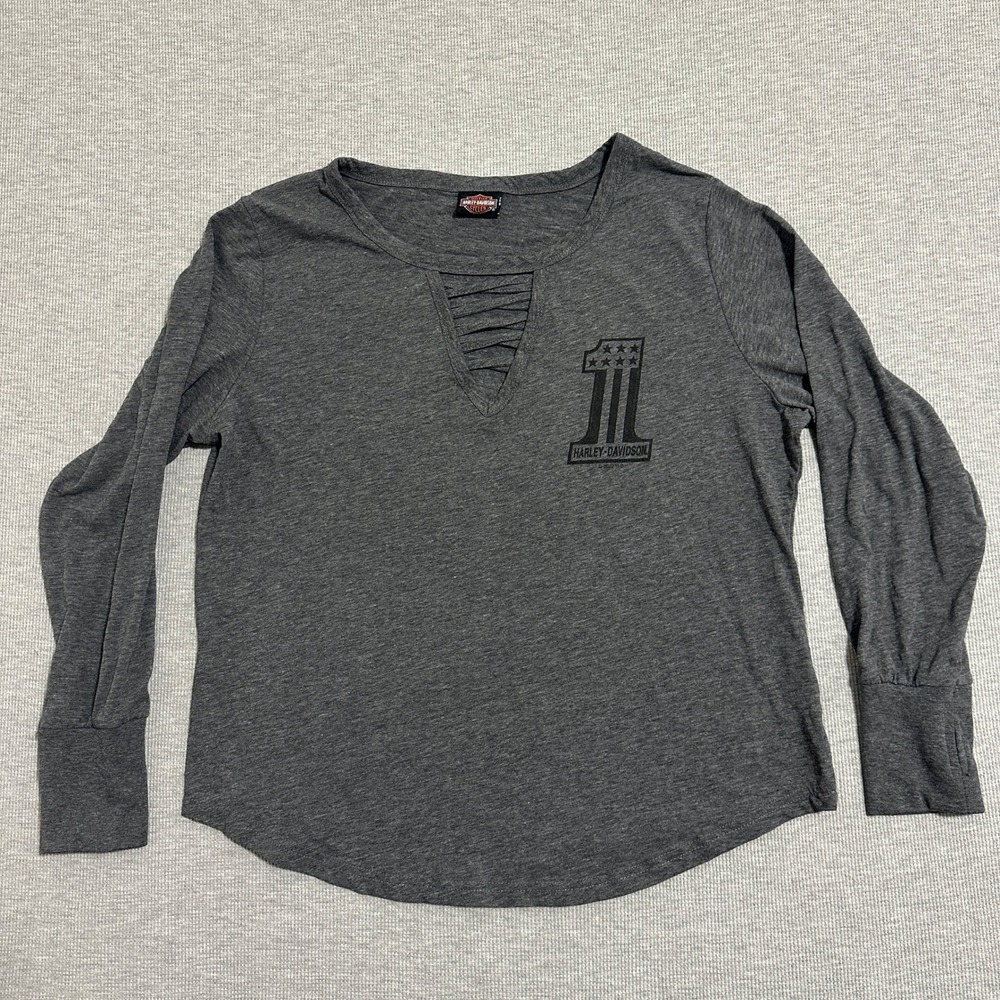 Harley-Davidson Long Sleeve Lattice V-Neck Cactus Graphic T-Shirt Gray Womens L